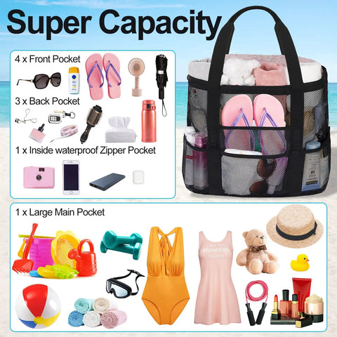 Mesh Beach Tote For Women With 8 Pockets And Inner Zipper Pocket, Waterproof Sandproof Beach Bag showcasing compartments and items.