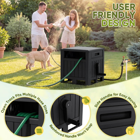 Resin Garden Hose Reel Hideaway With Easy One Hand Rewind Outdoor Hose Storage Cabinet Heavy Duty Weatherproof with hoses and connectors in garden