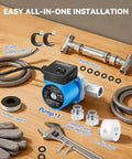 Instant Hot Water Recirculating Pump Kit With 304 Stainless Steel Bypass Valve And 20 Inch Pex Supply Lines For Tank Heaters Featuring Smart Plug and tools.