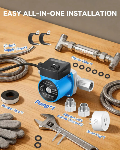 Instant Hot Water Recirculating Pump Kit With 304 Stainless Steel Bypass Valve And 20 Inch Pex Supply Lines For Tank Heaters Featuring Smart Plug and tools.