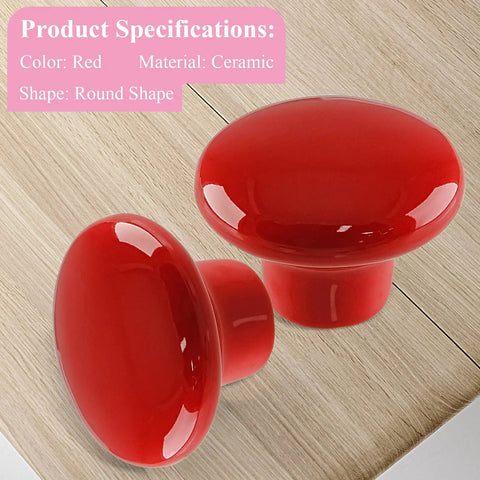 Totally Rad Red Ceramic Drawer Knobs With Funky Mushroom Shape For Nailed It Nursery Setup Awesome Five Piece Kitchen Cabinet Pulls For Fast Furniture Flip And No Stress Hardware Change. Red ceramic mushroom drawer knobs on wooden surface.
