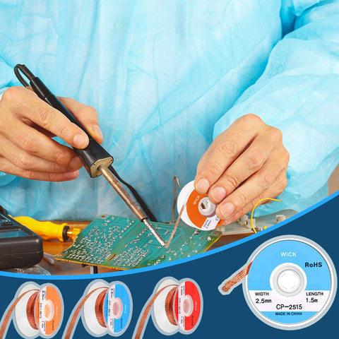 Person using solder wick desoldering braided solder braid set 1.5 meter length low residue copper wicks on circuit board.