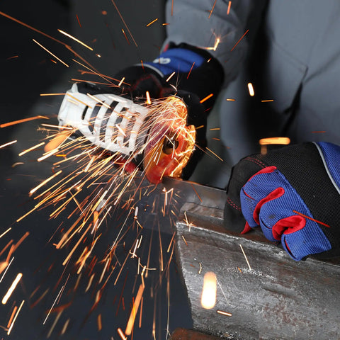 Using angle grinder with Beefed-Up 20 Pack Cut Off Wheels 3 By 3 Eighth Inch Metal And Stainless Steel Cutting Discs, sparks flying.