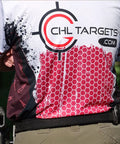 Back view of person wearing CHL Targets shirt with red hexagonal pattern, relevant for Police Silhouette Target With Reverse Red Center use.