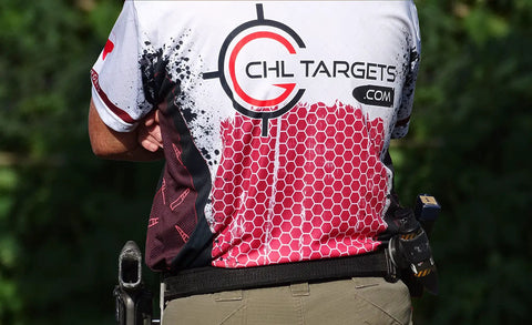 Back view of person wearing CHL Targets shirt with red hexagonal pattern, relevant for Police Silhouette Target With Reverse Red Center use.