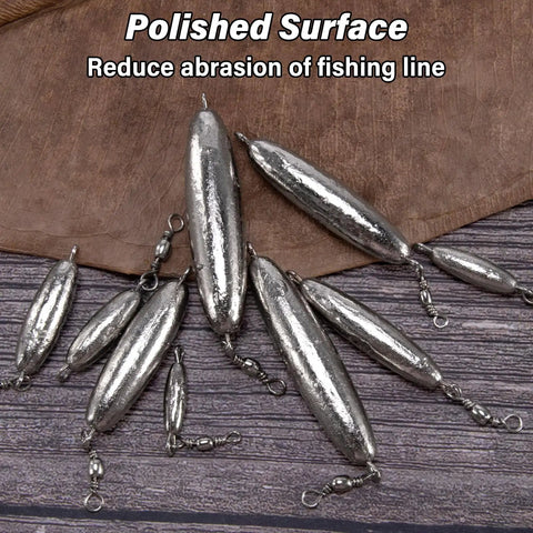 Inline Trolling Sinkers With Swivel 10 Pack Torpedo Lead Weights Double Ring 1Oz Saltwater And Freshwater Use shown on wood surface