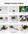 AI robot kit for STEM education showcasing multiple functions like Mecanum wheel motion, ultrasonic follow, and line tracking.