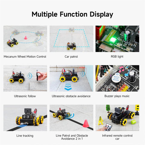 AI robot kit for STEM education showcasing multiple functions like Mecanum wheel motion, ultrasonic follow, and line tracking.