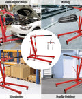 Rock Solid Engine Hoist And Folding Hydraulic Crane Featuring Six Low Friction Casters Built In Leveler Tilt Control And Heavy Duty Steel Shop Workhorse Handling 2 Ton 4400 Lbs Loads in various settings.