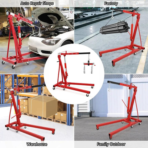 Rock Solid Engine Hoist And Folding Hydraulic Crane Featuring Six Low Friction Casters Built In Leveler Tilt Control And Heavy Duty Steel Shop Workhorse Handling 2 Ton 4400 Lbs Loads in various settings.