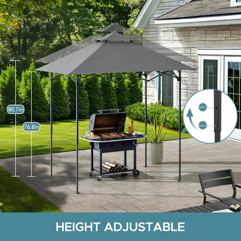 8 By 5 Foot Pop Up Grill Gazebo With Double Tier Standing Height Canopy Magnetic LED Light Adjustable Ceiling Height No Tool Needed Setup In Minutes For Barbecues Picnics And Outdoor Events Gray with grill underneath on patio.