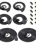 Six Piece 4 Pin RGB Extension Cable Set For LED Strip Lights Plug And Play With Twelve Male Pin Connectors Compatible With 5050 And 3528 RGB Strips Includes 1.6 Ft 3.3 Ft And 6.6 Ft Lengths Black, showcasing cables and connectors.