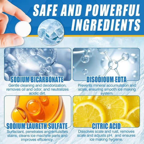 Ice Maker Cleaner Tablets Kit For Countertop Nugget Ice Makers, 36 Count Descaler, Nickel Safe, Deep Cleaning To Remove Hard Water Buildup, Keeps Commercial Portable Ice Machines Running Smooth And Efficient. ingredients chart with one white tablet