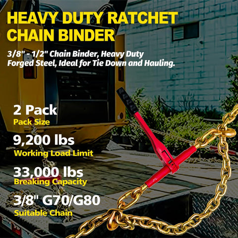 Heavy Duty Ratchet Chain Binder Three Eighths To One Half Inch With Clevis Hooks, 9,200 Lbs Working Load, Two Pack, Compatible With G43 G70 G80 Chains, Secure Tie Down For Hauling And Towing On Flatbeds And Trucks shown on flatbed in yard
