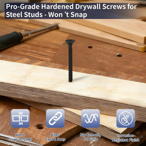 Heavy Duty Six By One Five Eighth Drywall Screws And Wood Fasteners Featuring Top Shelf Anti Rust Coating 1022A Carbon Steel on wood