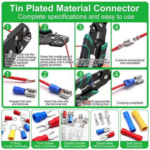 Pro-Grade 1100-Piece Wire Connectors Kit With Spade Fork Ring Bullet Terminals, Waterproof Tin-Plated Insulated Connectors guide