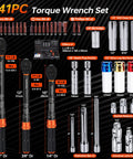 Complete 41 Piece Torque Wrench Set With Quarter, Three Eighths, And Half Inch Drives featuring tools and measurements.