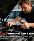 Man using Pro Grade Car Clip Pliers for Auto Trim And Panel Fasteners Removal Safe Push Pin And Rivet Tool on car engine