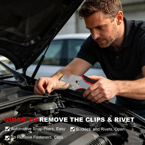 Man using Pro Grade Car Clip Pliers for Auto Trim And Panel Fasteners Removal Safe Push Pin And Rivet Tool on car engine