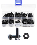 M3 Screws Kit With 360 Pieces Including 210 Black Countersunk Phillips Head M3 Screws In 0.5mm Pitch Across 4mm 6mm 8mm 10mm 12mm 16mm And 20mm Lengths Plus 150 M3 Hex Nuts For 3D Printers Robots RC Models DIY Projects Makers And Hobbyists in plastic case.