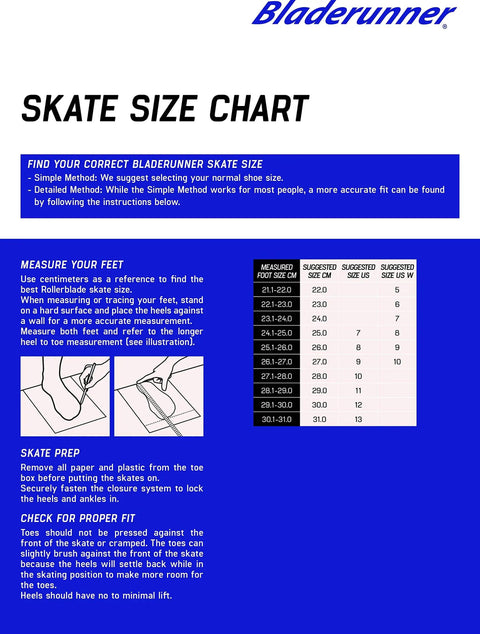 Bladerunner skate size chart with measurements and fitting tips for Beginner Friendly Women's Inline Skates For Fitness And Stability In Black And Pink With Comfort Liner Easy Closure Buckle Lace And Strap System And Supportive Shell For Lasting Smooth Moves.