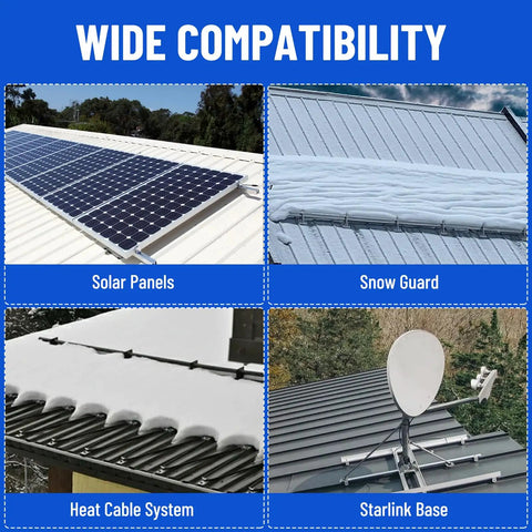 Wide compatibility of Straight Up Heavy Lifters Aluminum Standing Seam Roof Clamps with solar panels, snow guard, heat cables, and Starlink.