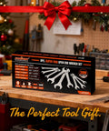 Slick Slim SAE Open End Wrench Set 9 Piece from one quarter inch to one inch, ultra thin chrome vanadium steel, box in workshop.