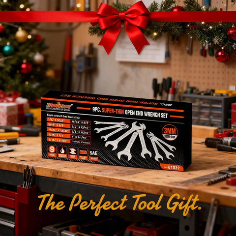 Slick Slim SAE Open End Wrench Set 9 Piece from one quarter inch to one inch, ultra thin chrome vanadium steel, box in workshop.