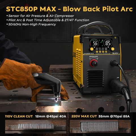 Man using 85 Amp CNC Plasma Cutter With Non HF Blowback Pilot Arc, Dual Voltage 110V And 220V, Air Sensor Tech, on metal