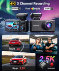 Elite 4K Dash Cam With 3 Channel Front 4K, Rear 2.5K And Cabin 1080P, Dual STARVIS 2 Sensors showing dash cam features and setup