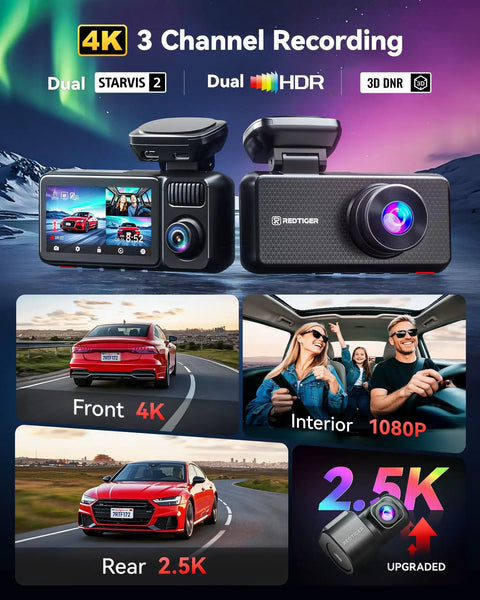 Elite 4K Dash Cam With 3 Channel Front 4K, Rear 2.5K And Cabin 1080P, Dual STARVIS 2 Sensors showing dash cam features and setup