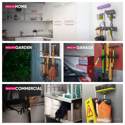 Heavy Duty Broom And Mop Wall Mount Organizer With Five Slots And Six Hooks Wall Mounted Broom Rack For Brooms Mops And Cleaning Tools No Fuss Space Saving Storage Solution For Kitchen Garage Laundry And Garden in various spaces