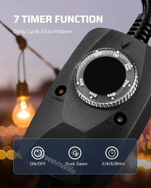 Top Tier Outdoor Weatherproof Light Timer Featuring Built In Daylight Detector and Flexible Dusk To Dawn Or Custom Hour Schedules for Backyard Scapes with a Hassle Free Plug and Play 12 Foot Extension Cord, showing timer dial.