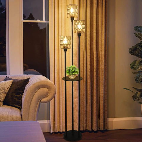 Boho Floor Lamp With Shelves And Three Lights, Farmhouse Tall Rustic Standing Lamp With Rattan Shades, On Off Switch