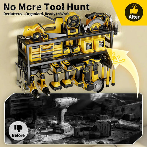Heavy Duty Wall Mount Power Tool Organizer With Three Layer Storage Rack Nine Drill Holders And Battery Storage That Can Handle Up To 320 Pounds For Your Garage Workshop And Tool Room Gotta Have It installed with tools organized above.