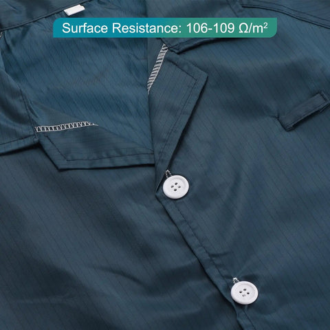 Bust Some Static With This Heavy Duty Esd Work Coat Featuring A Smart Lapel Collar And Snug Cuffs For Guys And Gals Who Want Bulletproof Electronics Protection In Navy Blue Large showing collar, buttons, and surface resistance detail.
