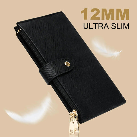 RFID Blocking Wallet For Women Large Capacity Bifold Card Holder With Zipper Pocket And Multi Card Slots Premium Leather Handmade Everyday Carry Purse Essentials, ultra-slim black design