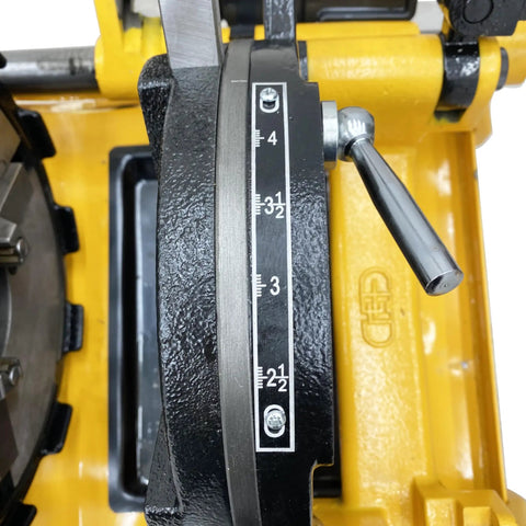 Close-up of measurement gauge on Pro Grade Heavy Hitter 1/2 To 4 Inch 220V Electric Pipe Threader 750W 3 In 1 Power Cutter.