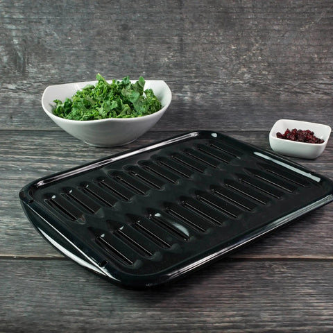 Two Piece Air Fry Bake And Broil Pan Set For Ovens And Grills, 8.5 Inch By 12.75 Inch, Black Porcelain Finish shown on table.