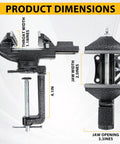 Beefy Heavy Duty 2-In-1 Bench Vise With 3.3 Inch Jaw Width 360 Degree Swivel Base dimensions and measurements shown.