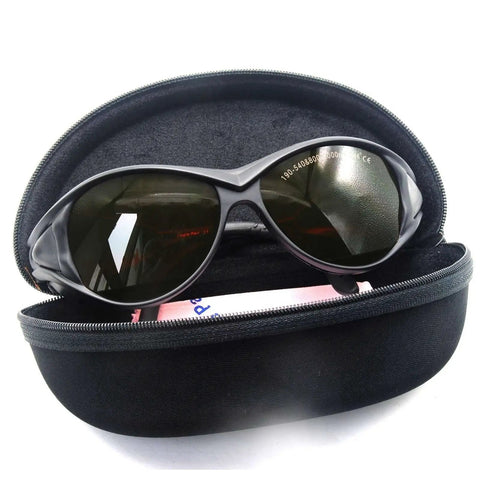 Badass OD4 Plus Laser Safety Goggles Offering Rock Solid Eye Shield From UV Through Near Infrared Bands Designed For Heavy Duty Lab Work And Precision Manufacturing in a black protective case.