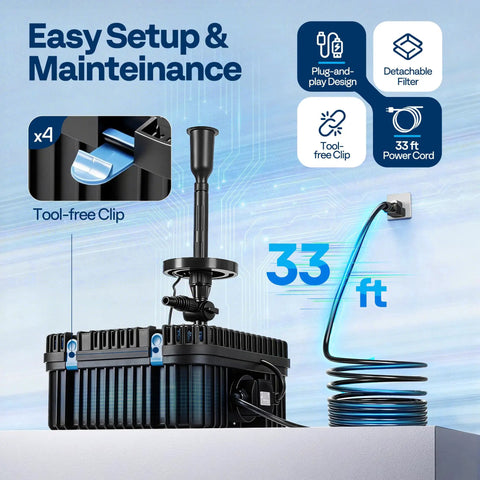 690GPH Submersible Pond Filter Pump With RGB LED Fountain Light showing easy setup, clips, and 33 ft cord.