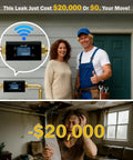 Smart Water Monitor With Auto Shutoff Ultrasonic Micro Leak Detection WiFi App Control on brass pipes outside a home