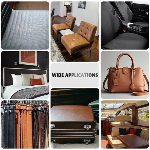Collage showcasing Leather Repair Patch Self Adhesive Breathable Perforated Faux Leather Patch used on various furniture and items.