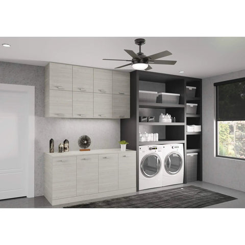 Indoor Ceiling Fan With LED Light In Rustic Bronze Finish, 44 Inch Blade Span, installed in modern laundry room
