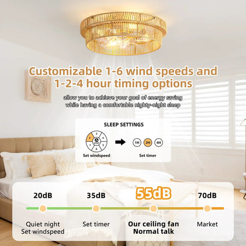 Keep Your Living Area Chill With This Dope Boho Rattan Ceiling Fan With Integrated Light And Flush Mount Low Profile Design Crafted For Smooth Airflow And Cozy Indoor Vibes Every Day remote control with customizable settings in a stylish bedroom