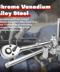 Close-up of Do-It-All 1/4-Inch Drive Socket Set With Ratchets And Extensions, chrome vanadium alloy tools on engine background.
