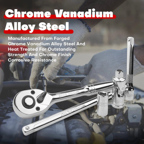 Close-up of Do-It-All 1/4-Inch Drive Socket Set With Ratchets And Extensions, chrome vanadium alloy tools on engine background.