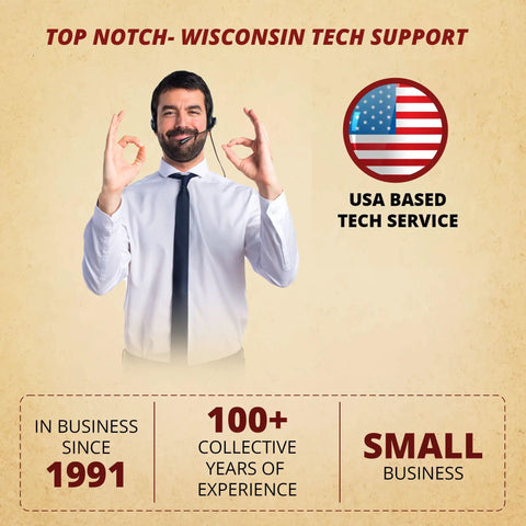 Man making success gesture, promoting USA-based tech support service at Wisconsin business since 1991.