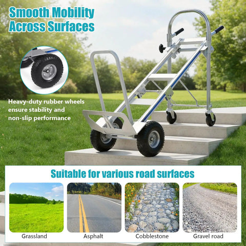 2 In 1 Industrial Convertible Utility Trolley Platform Cart With Reinforced Aluminum Frame 1000 Lb Capacity As Cart And 550 Lb As Stair Climber Perfect For Moving Appliances Furniture And Heavy Luggage, stair mode on steps